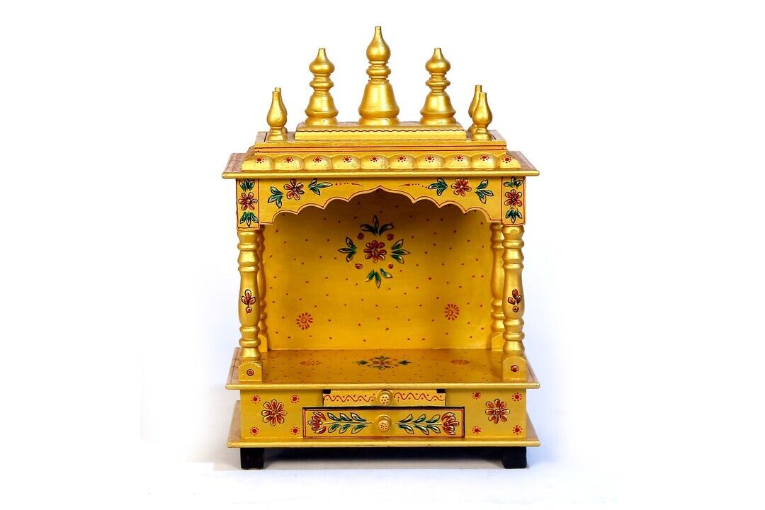 Golden Color Natural Wood Temple Worship Pooja Mandir Home Engraving Handmade
