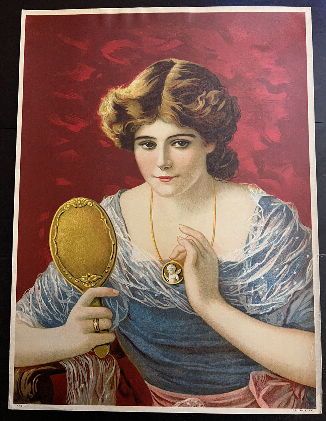ATQ c1910s Calendar Sales Sample Pinup Poster Woman Mirror Cameo on Vibrant Red 