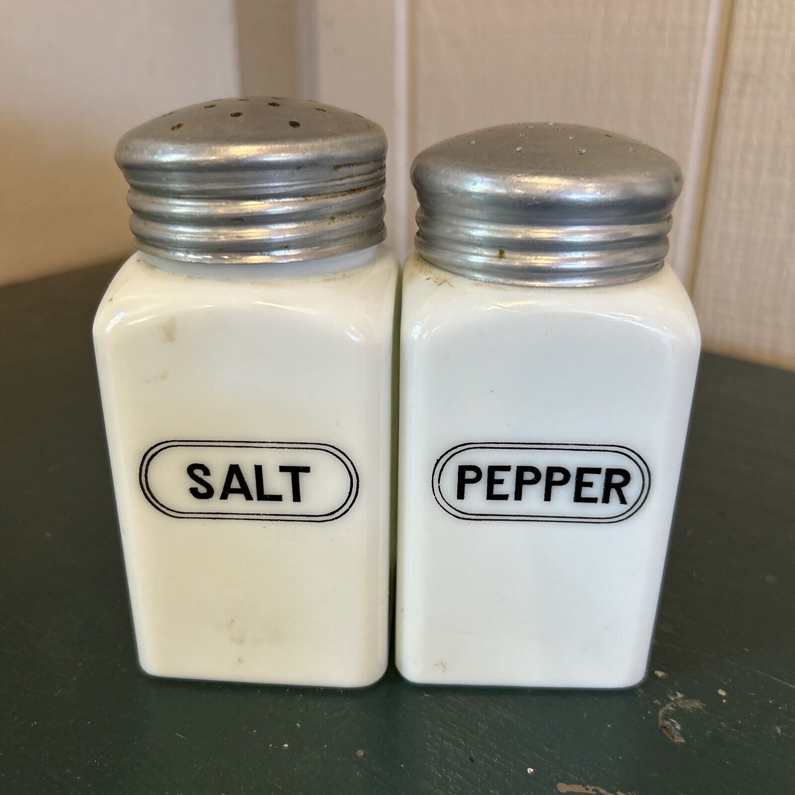 Vintage McKee Shakers White Milk Glass Salt & Pepper & Lids