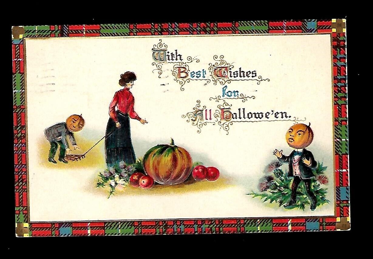 c1913 Gottschalk Dreyfuss & Davis Halloween Postcard Pumpkin Head Men