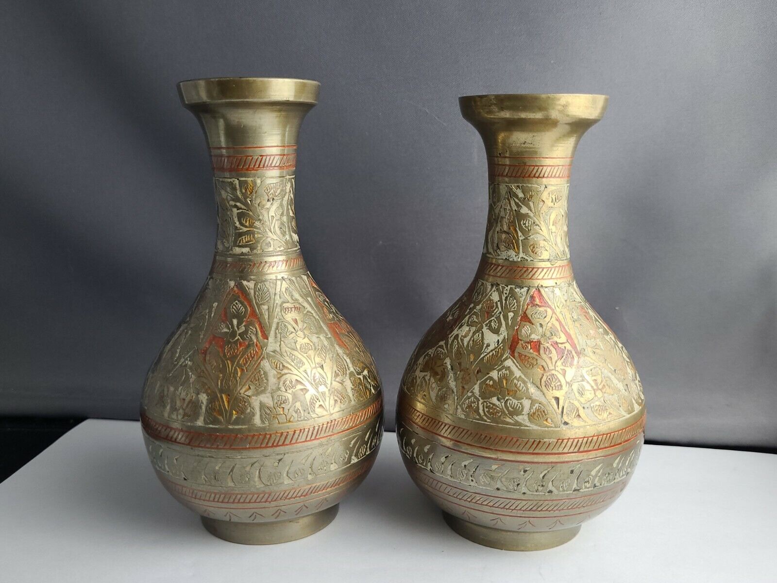 Vintage Pair Small Carved Brass Vases