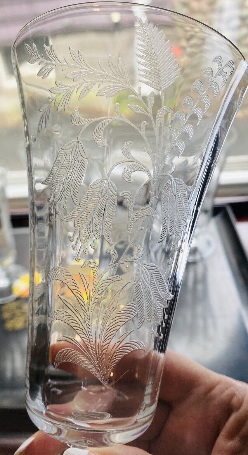 1940's Art Nouveau Tiffin Fuchsia Iced Tea Glass Franciscan Etch Set Of 6