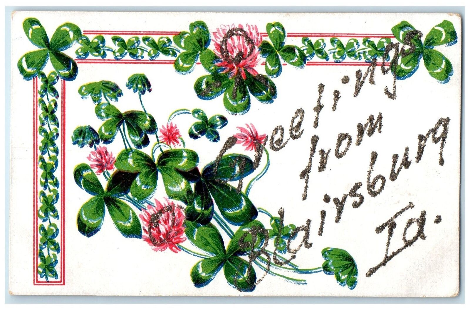 c1905's Greetings From Blairsburg Flowers Glitters Iowa Correspondence Postcard