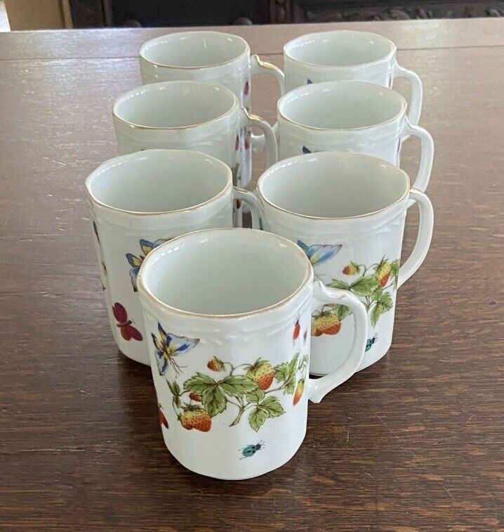 Vintage Royal Crown SPRINGTIME Paneled Mugs 6171 Strawberries Butterflies SET 7