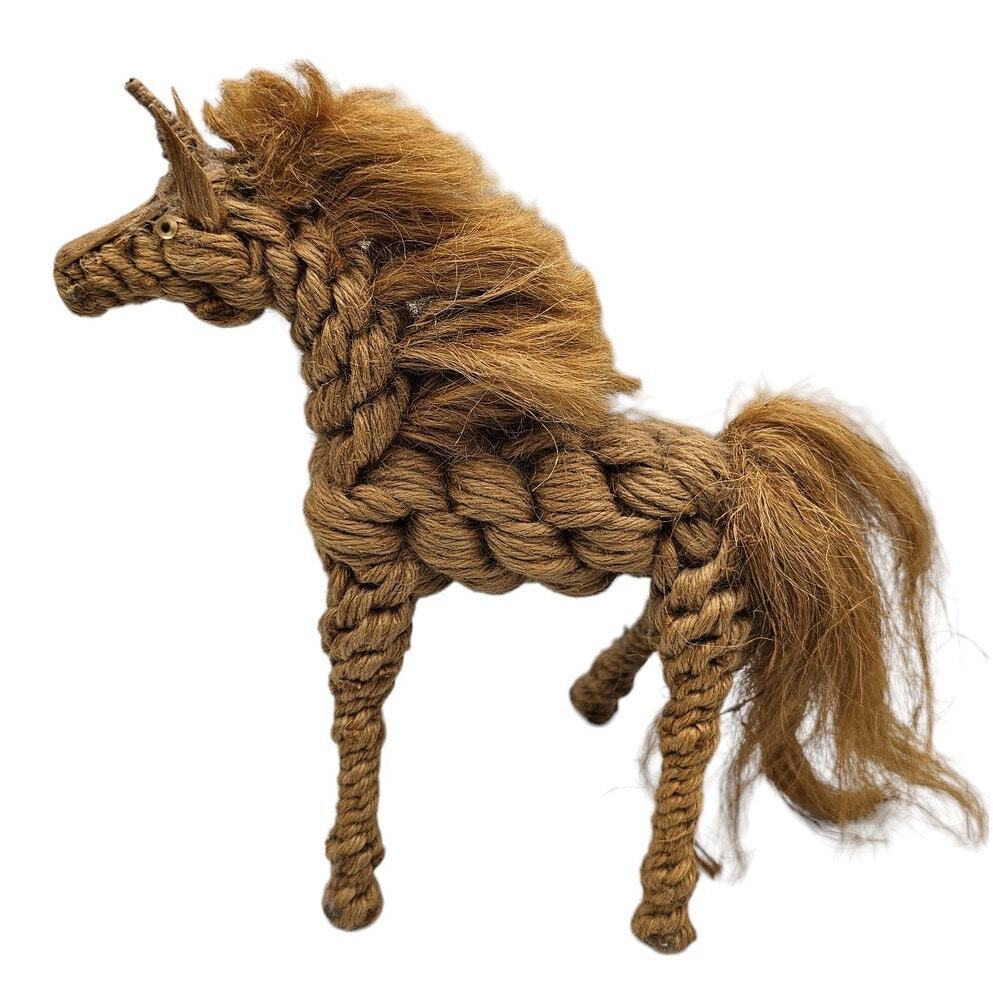 Vintage Folk Art Jute Natural Fiber Unicorn Horse Figurine Original Primitive 