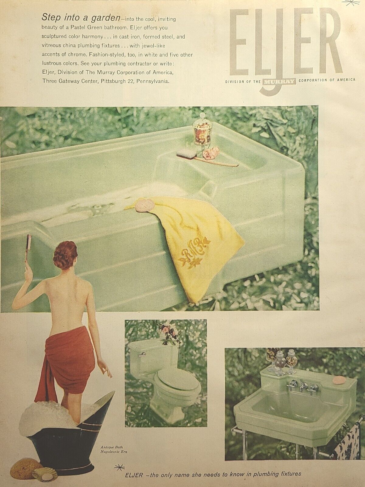 Eljer Plumbing Fixtures Mint Green Murray Corp Pittsburgh Vintage Print Ad 1956