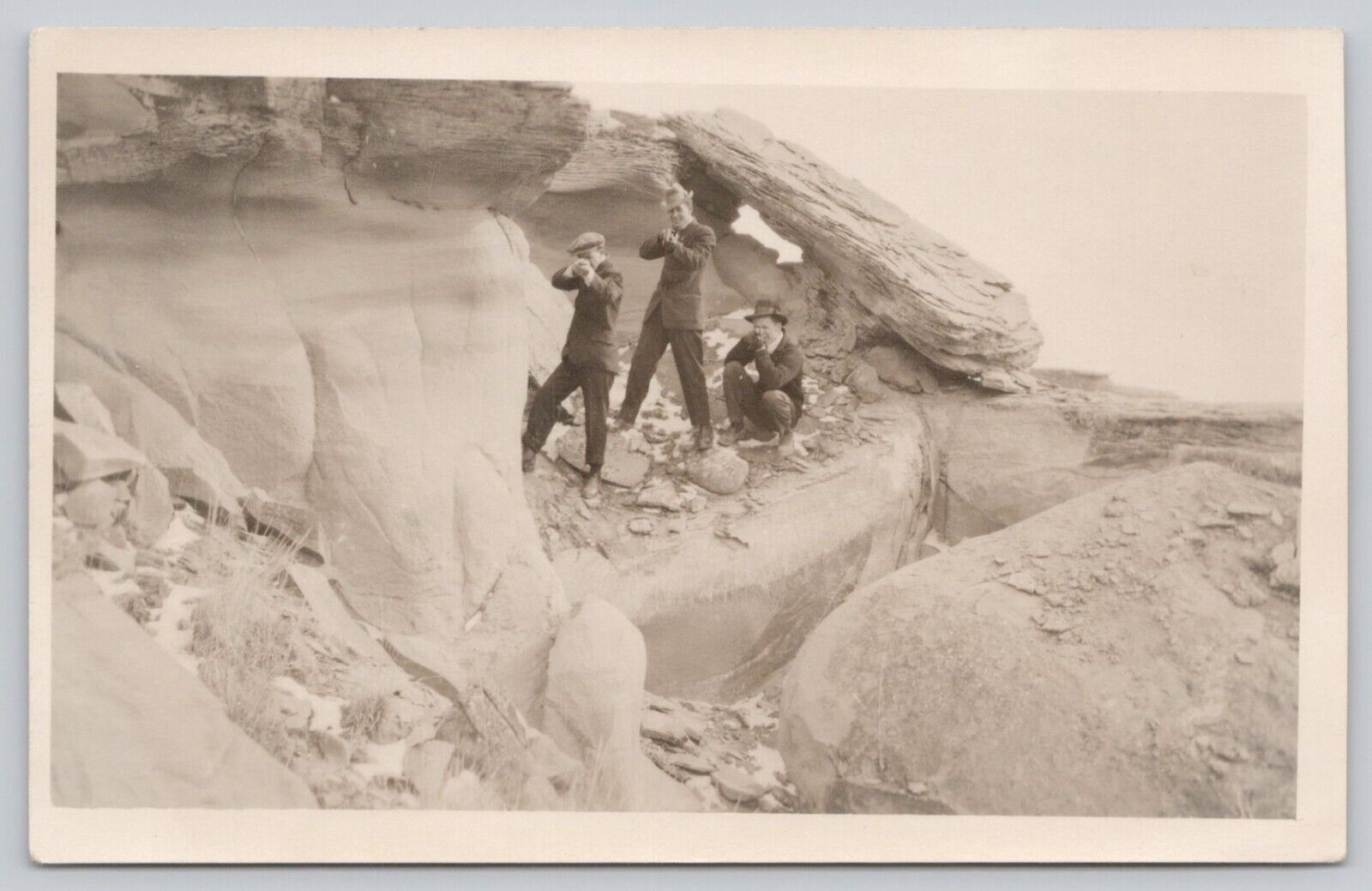 Real Photo Postcard Three Men On Rocks Guns Mobsters Vintage RPPC