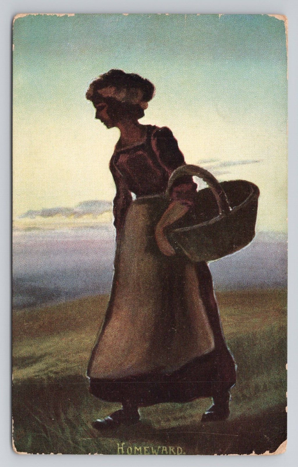 Lady walking with basket Homeward c1906 Antique Postcard