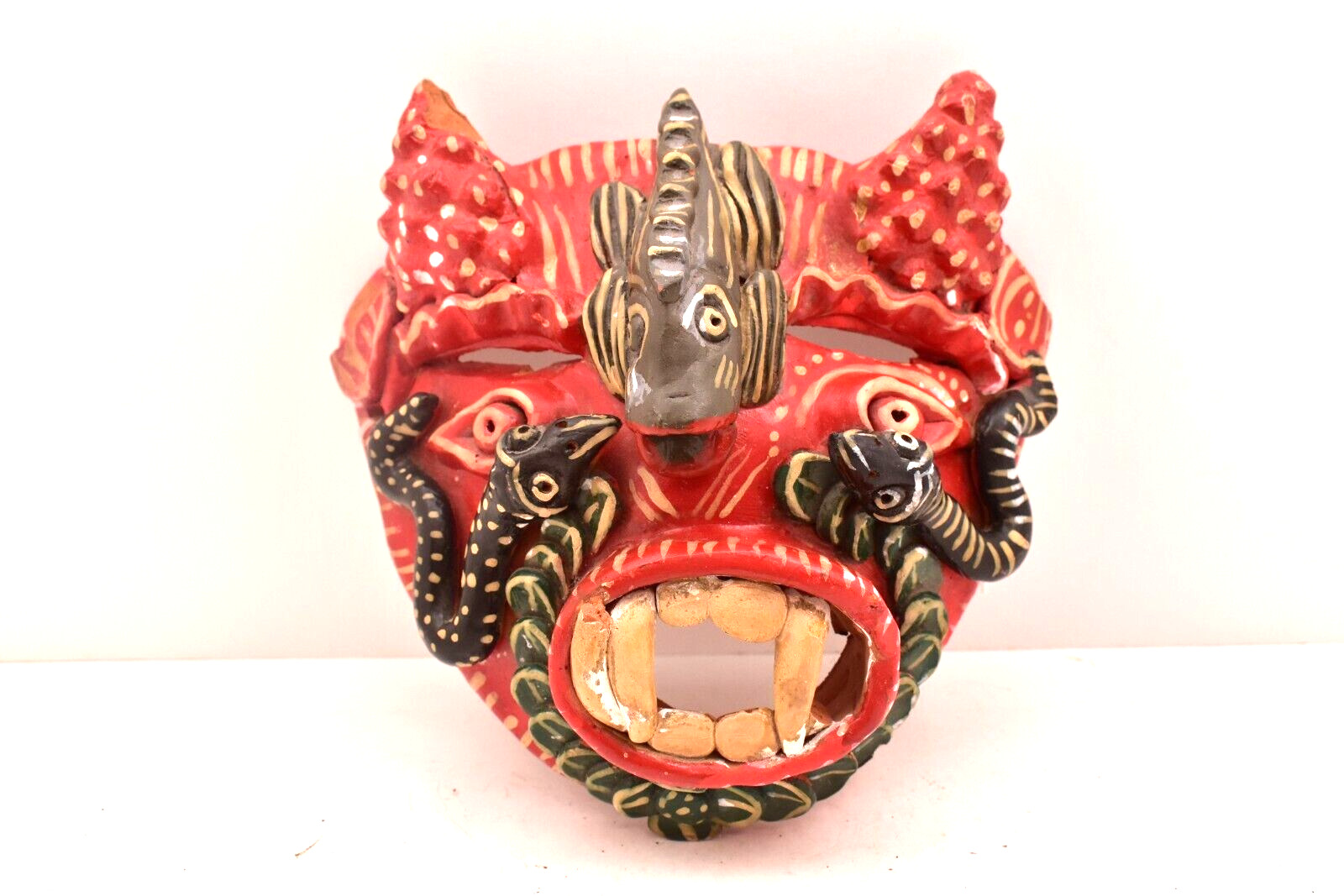 Vintage Mexican Folk Art Pottery Mask Diablo Devil Figure Ocumicho Sculpture-