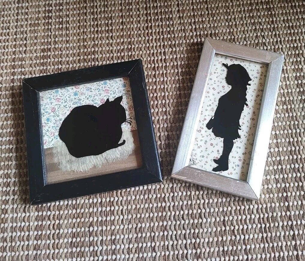 vintage set of framed silhouette art: Cat And Little Girl 