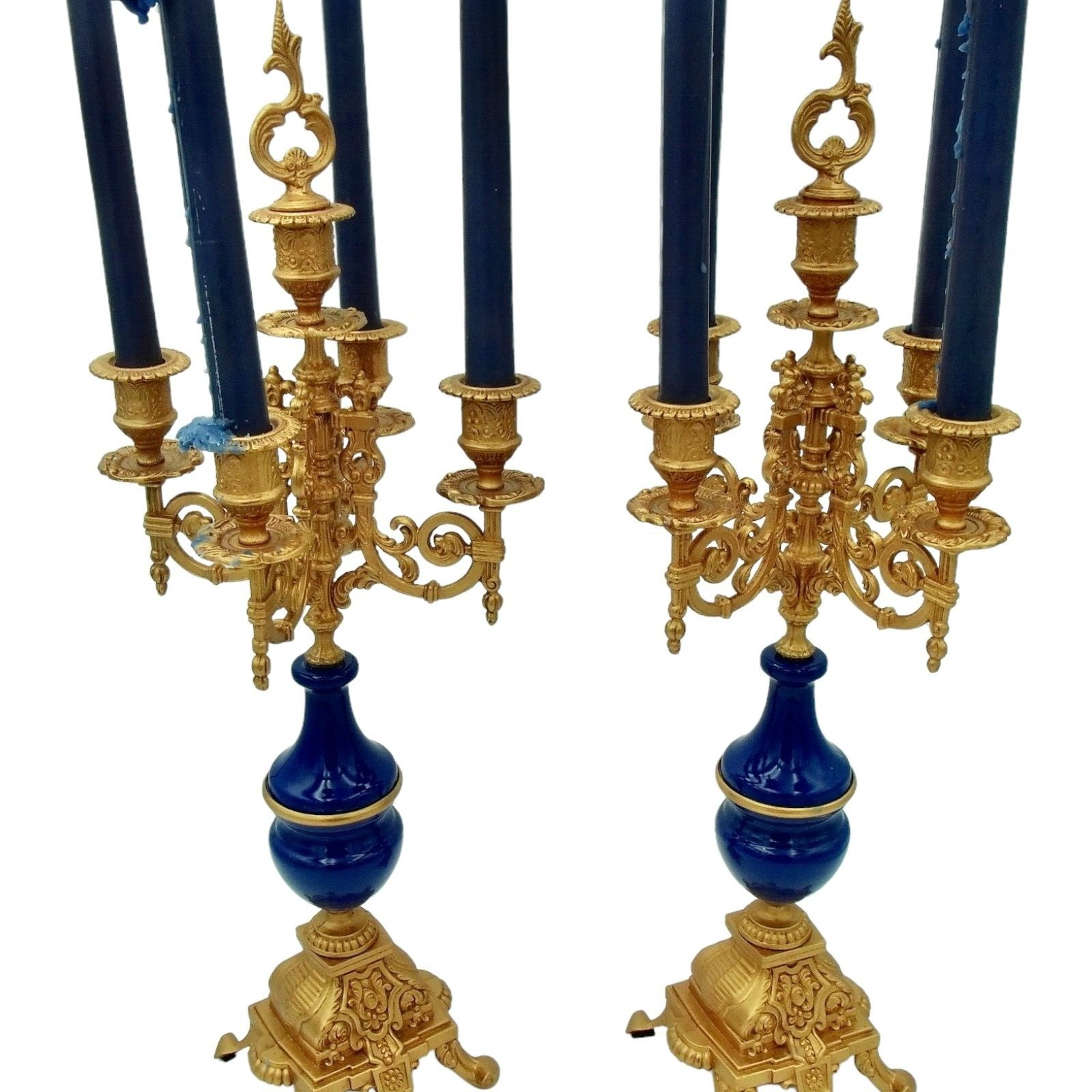Stunning Pair of Louis XIV Style Gilt & Royal Blue Candlesticks