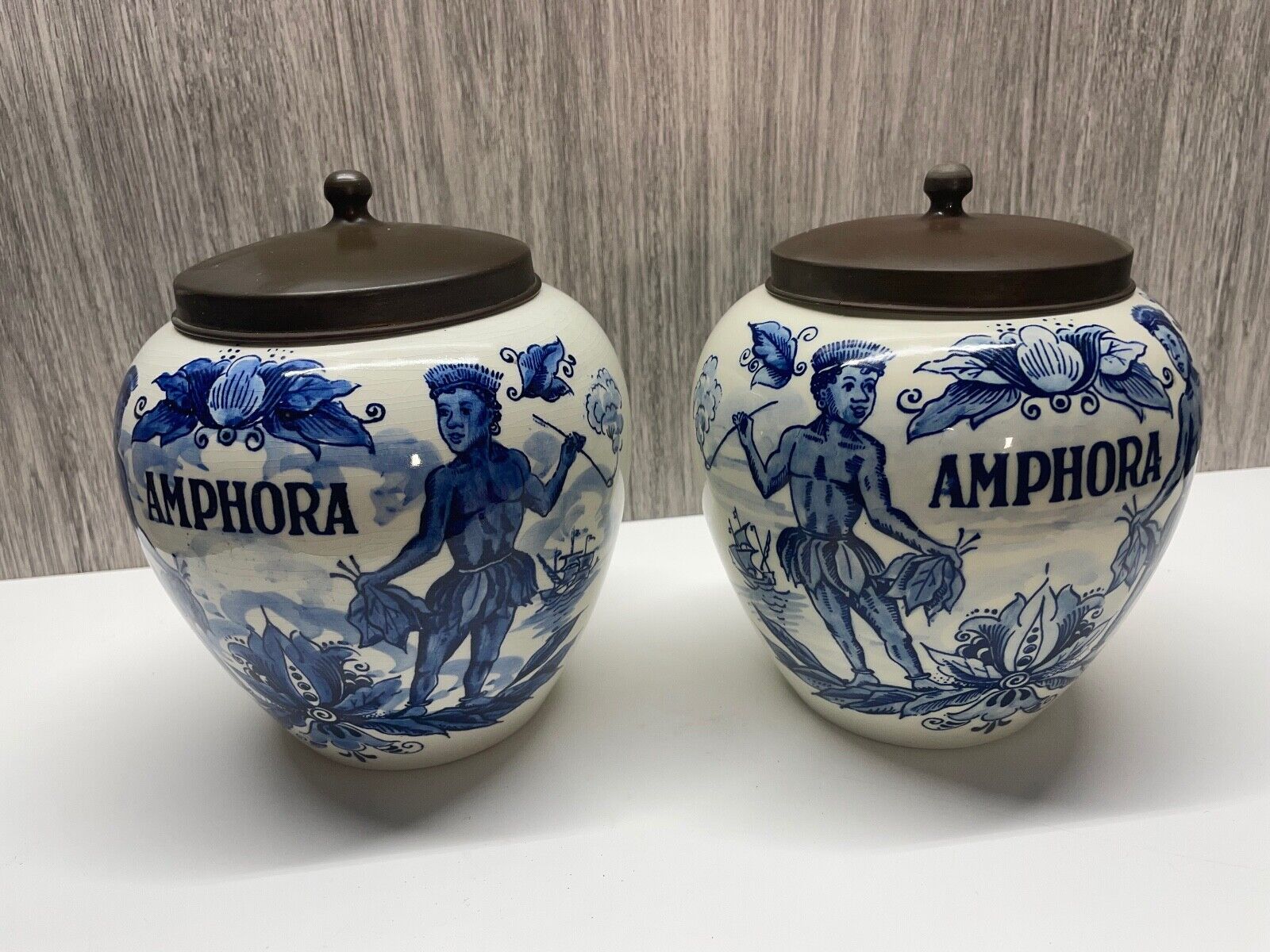 Pair Vintage Delft Amphora Jars w/ Brass lids Hand-Painted Holland 7