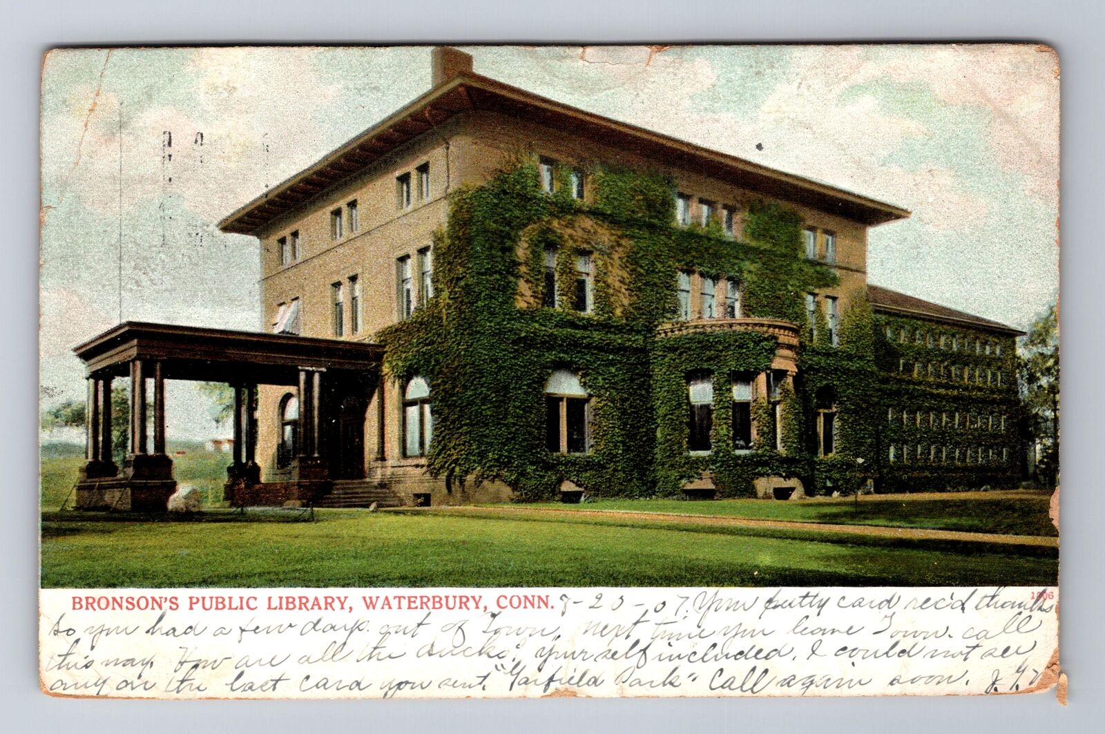 Waterbury CT-Connecticut, Bronson\'s Public Library, Vintage c1907 Postcard