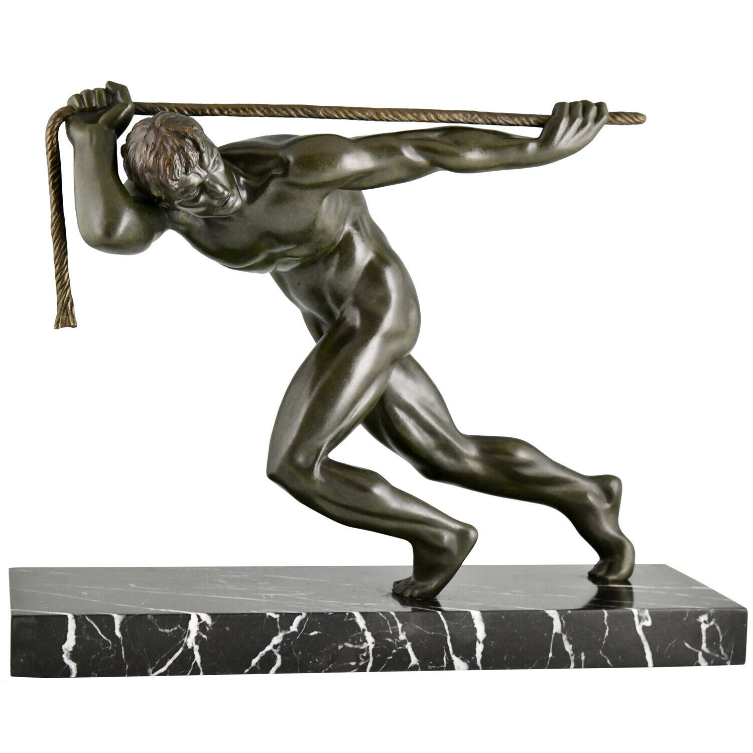 Art Deco bronze sculpture male nude athlete with rope Maurice Guiraud Riviere.