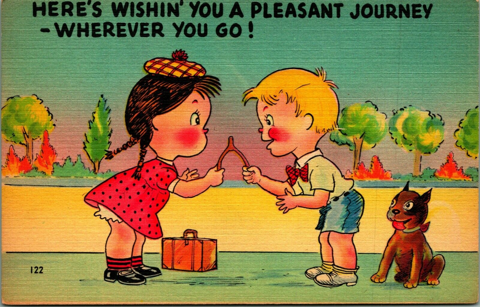 Comic Cute Kids Wishing You a Pleasant Journey Wishbone UNP Linen Postcard E8
