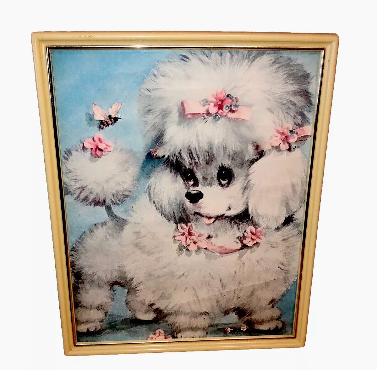 Vintage 1950s MCM Mid Century Wall Art Print Dog Pet Poodle Framed 15” X 12”