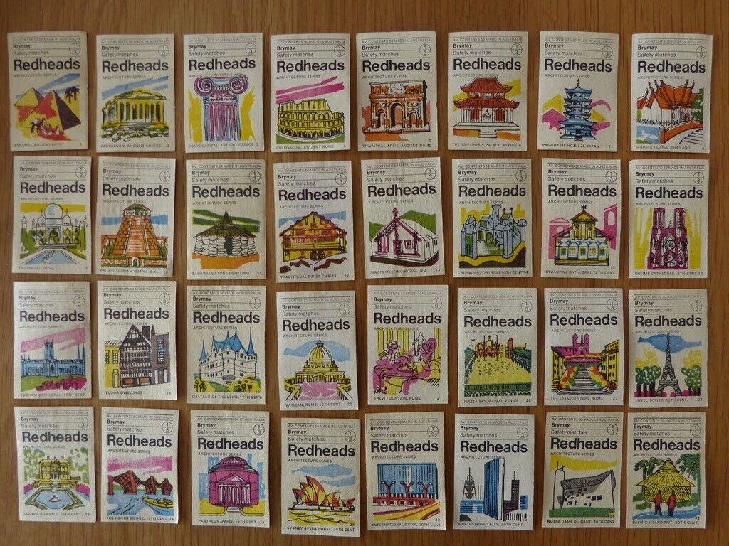 SET of 32 ARCHITECTURE BRYMAY REDHEADS MATCHBOX LABELS - 1971