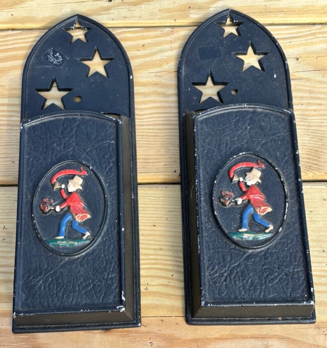 PAIR Of Vintage Black Cast Iron Match Holder  with Cut Out Stars wall mount