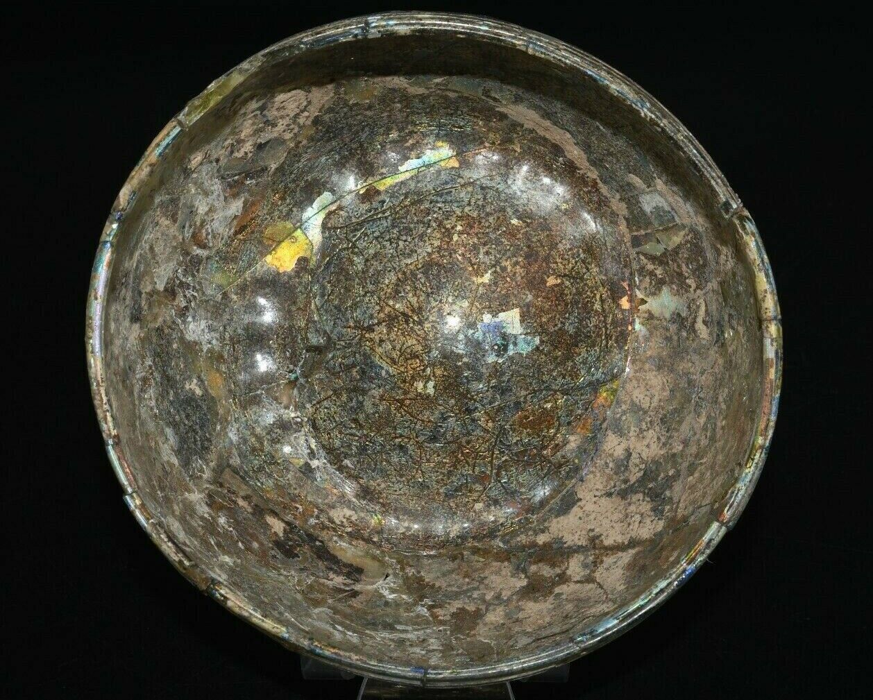 Very Large Ancient Roman Glass Bowl With Iridescent Patina C. 2nd-3rd Century AD