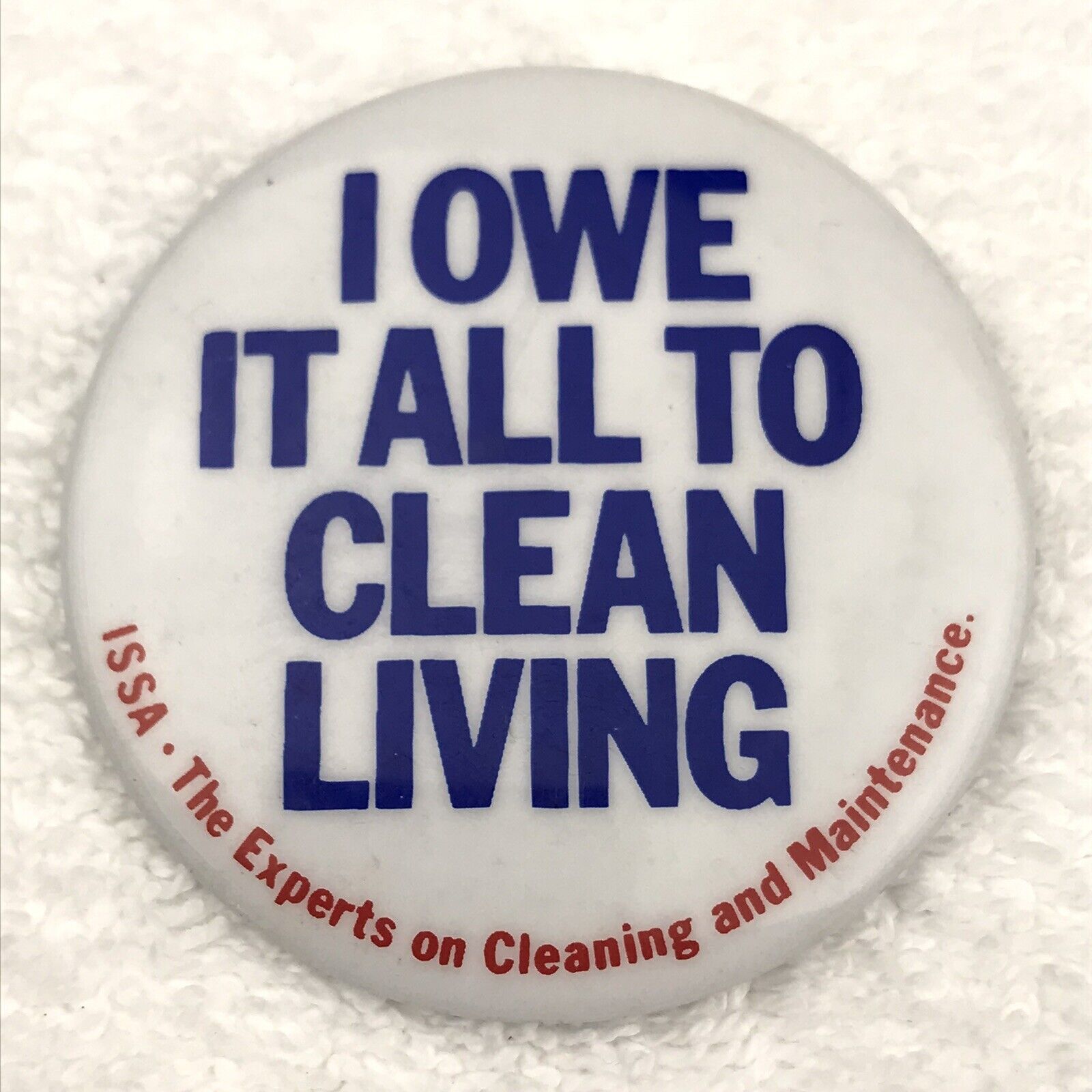 I Owe It All To Clean Living Vintage Pin Button Pinback ISSA