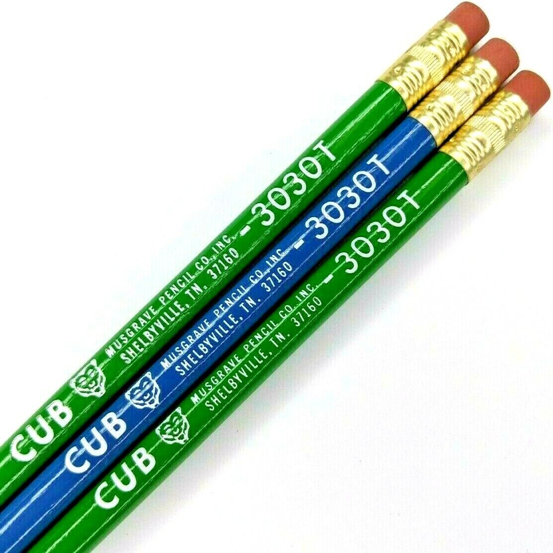x3 LOT Musgrave Cub 3030T Unsharpened Jumbo Wood Pencils Green, Blue Body Vtg G6