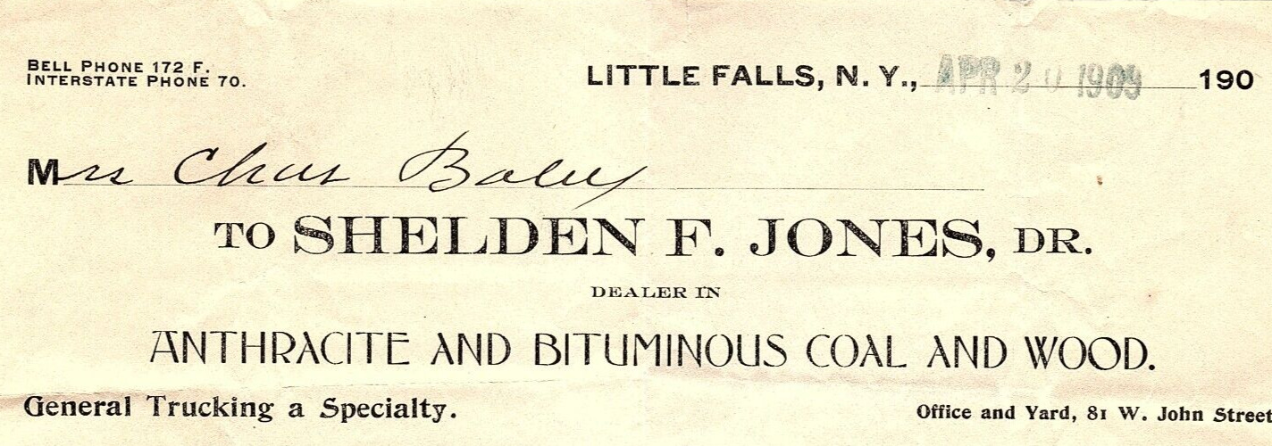 1909 LITTLE FALLS NY SHELDON F JONES ANTHRACITE BITUMINOUS COAL BILLHEAD Z5927