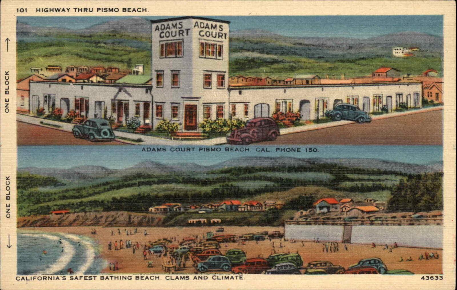 Pismo Beach California CA Adams Court Motel Hwy 101 c1940s Scarce Linen Postcard