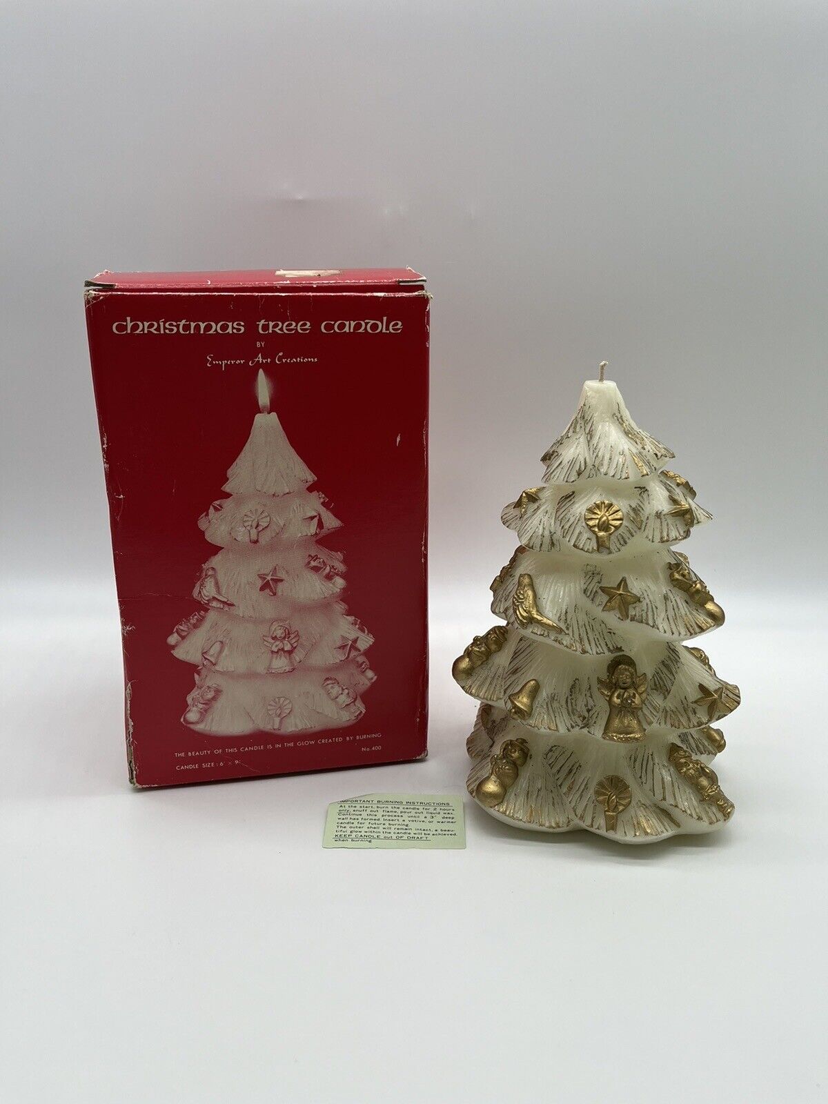 Vintage Christmas Tree Candle by Emperor Art Creations 1985 White Gold Decor