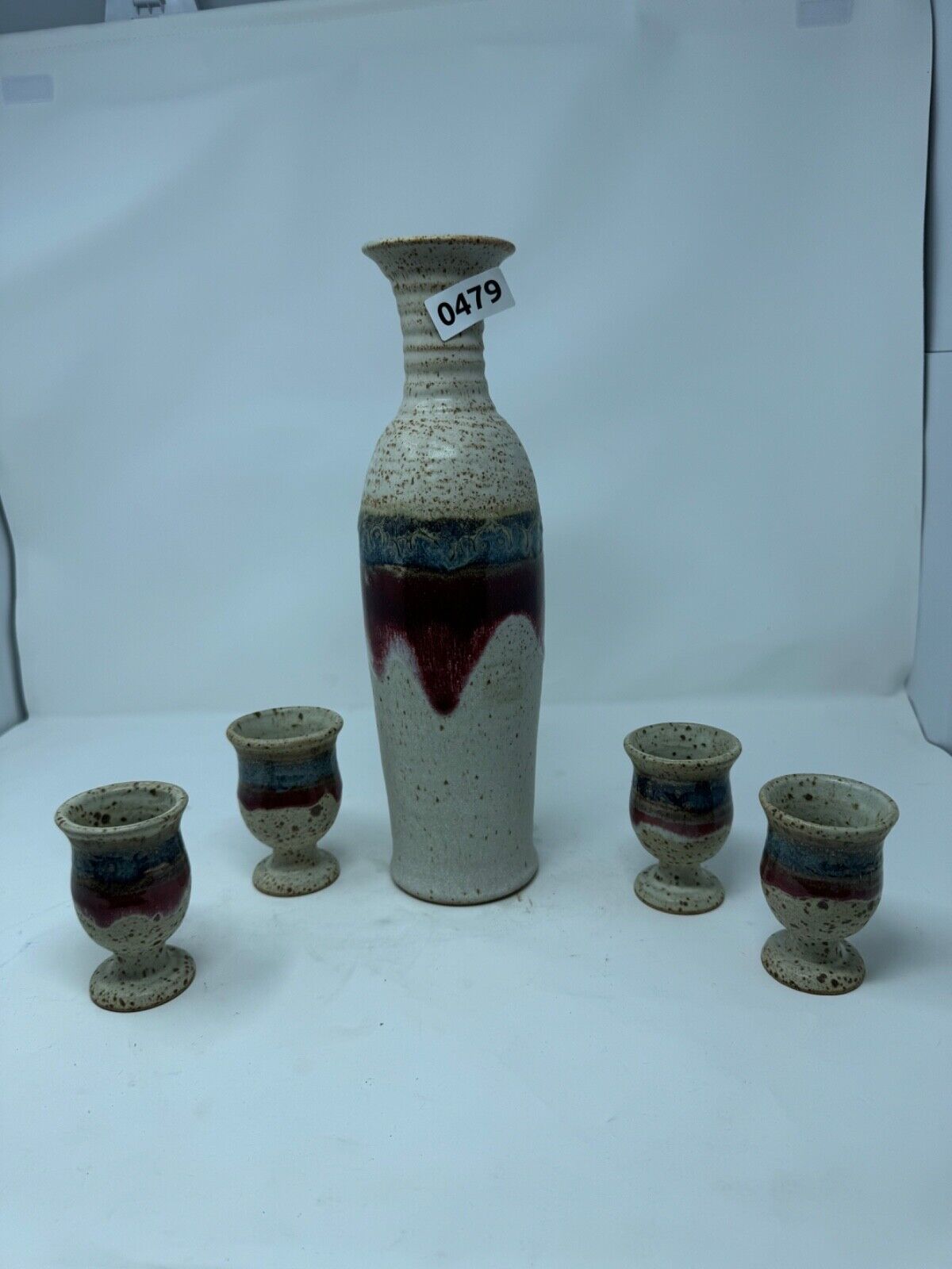 Four Goblets, Wine Decanter Set Vintage Handmade Glazed Ceramic