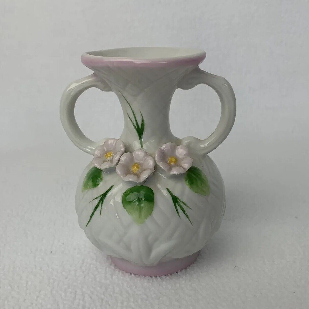 Vintage 4” White Raised Floral Ceramic Miniature Vase