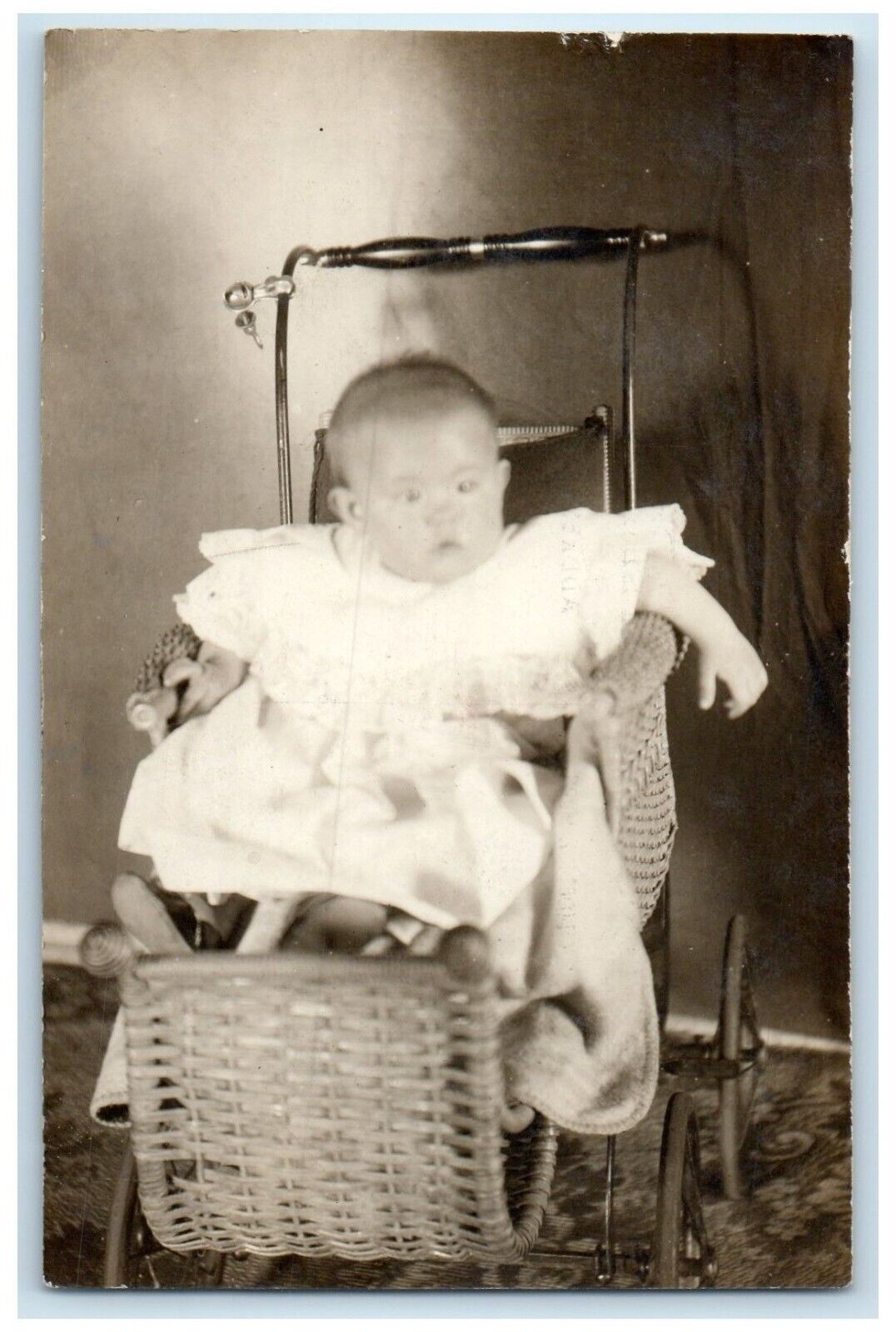 c1910's Cute Baby On Stroller Studio Portrait RPPC Photo Antique Postcard