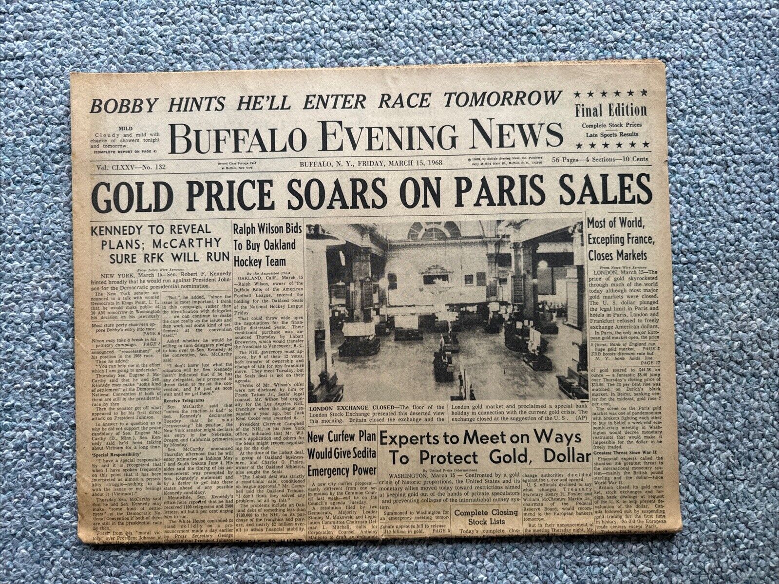 Buffalo Evening News Newspaper March 15, 1968 Buffalo, NY - Gold Prices Soar