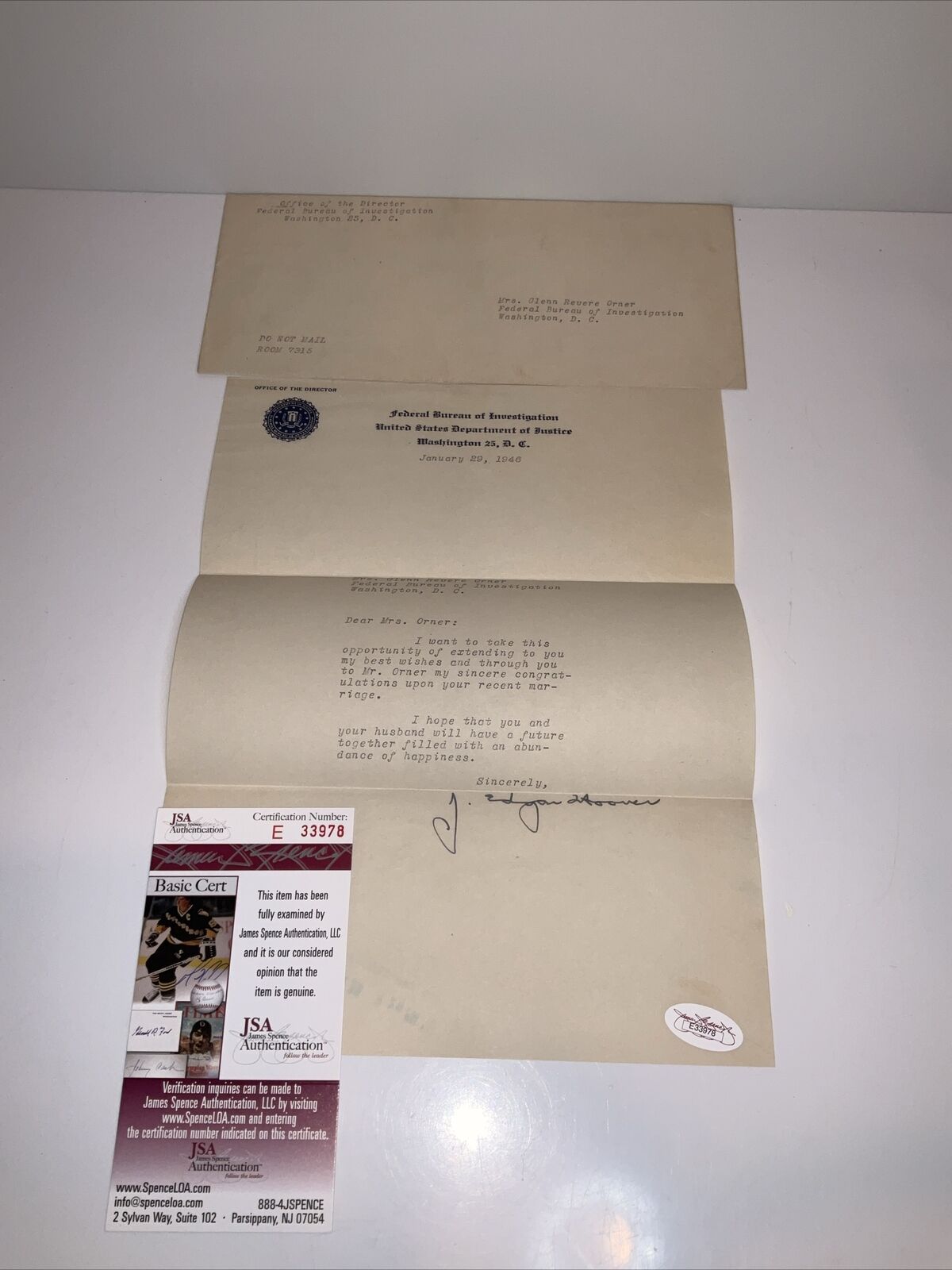 J. Edgar Hoover, Typed Letter Signed JSA CERTIFICATE #33978