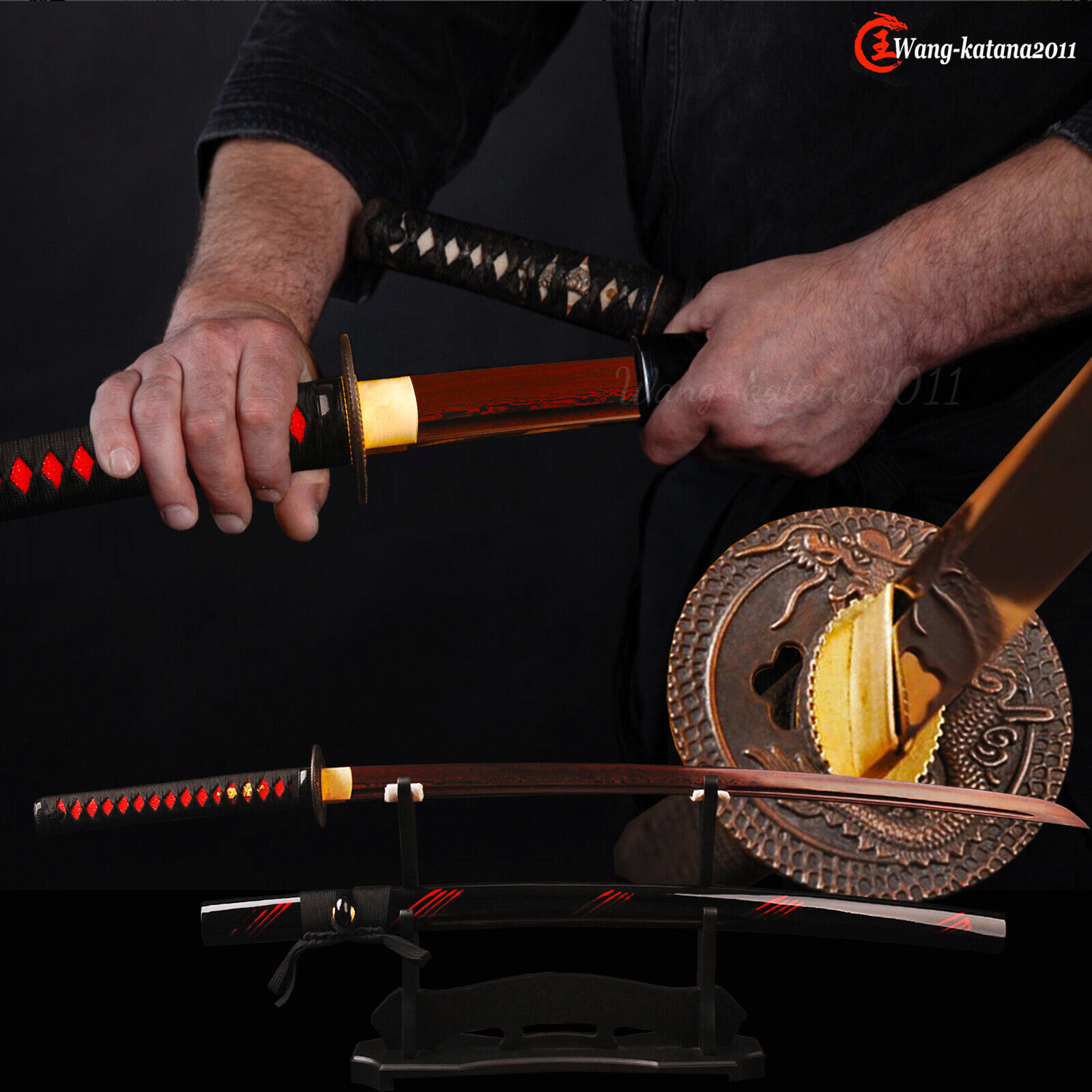 Blood Red Sharp Sword Damascus Folded Steel Battle Ready Japanese Samurai Katana