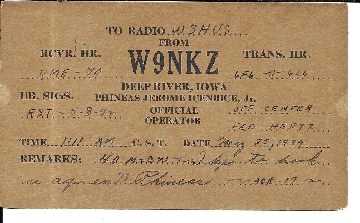 QSL  1939 Deep River Iowa      radio card