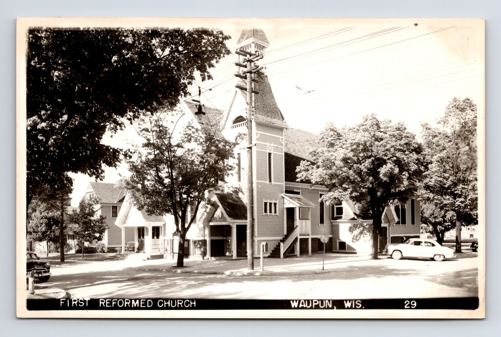 RPPC First Reformed Church with 1950s Cars Waupun Wisconsin WI Postcard
