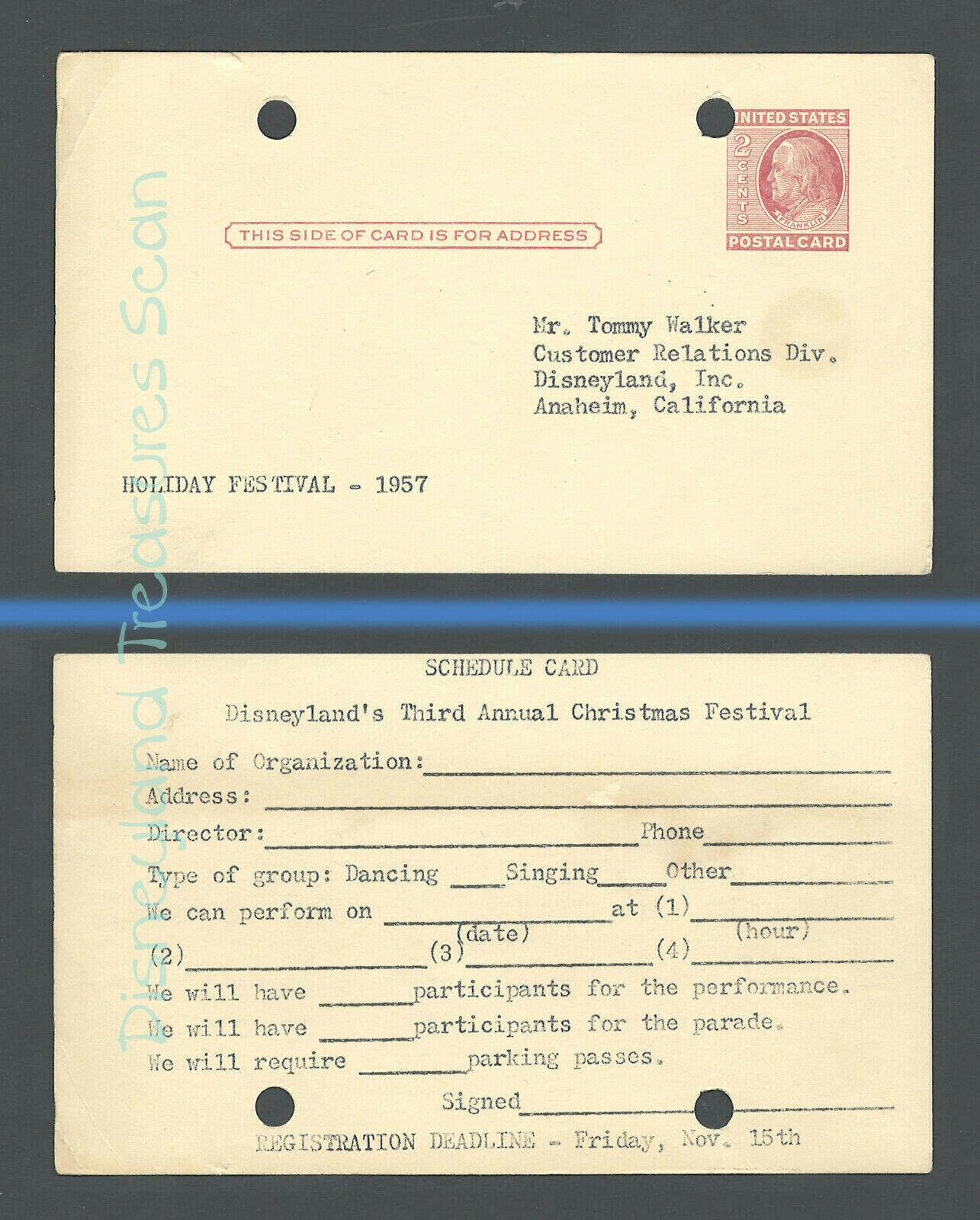 Disneyland Vintage Postcard 1957 Holiday Festival Group Performance Request