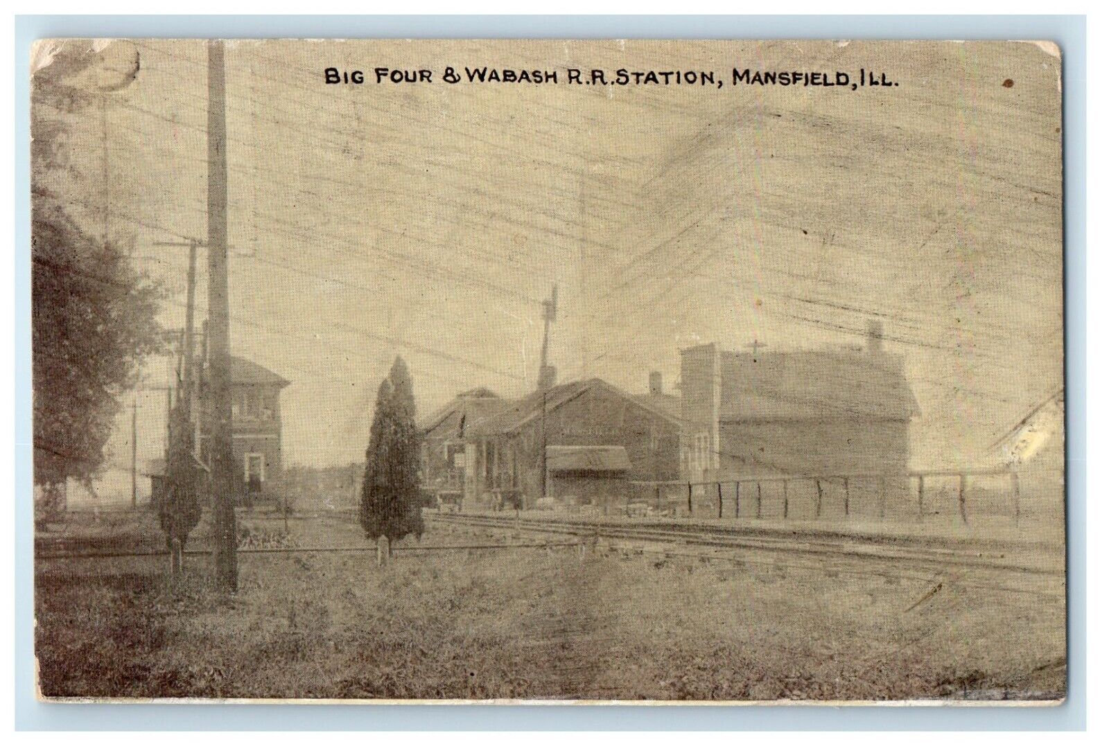 1914 Big Four & Wabash R.R Railroad Station Mansfield Illinois IL Postcard