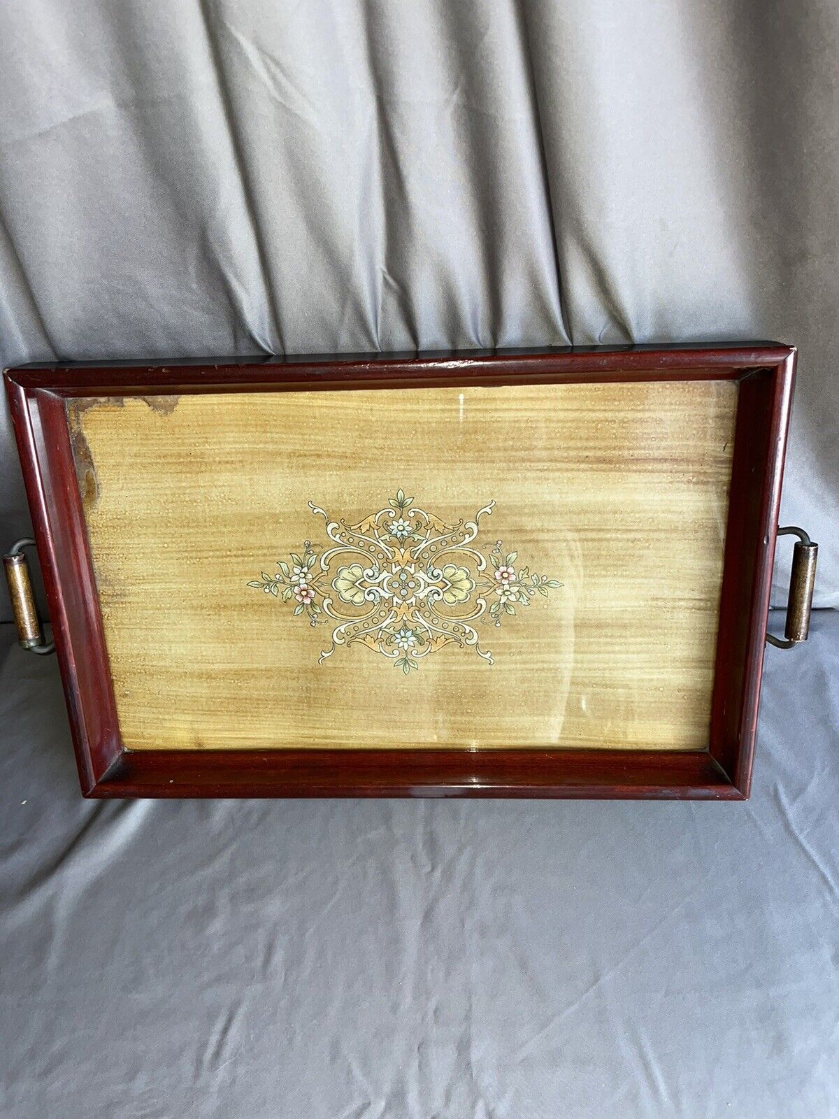 ANTIQUE  WOOD & FLORAL EMBROIDERY CLOTH BOTTOM SERVING JEWELRY TRAY BRASS HANDLE