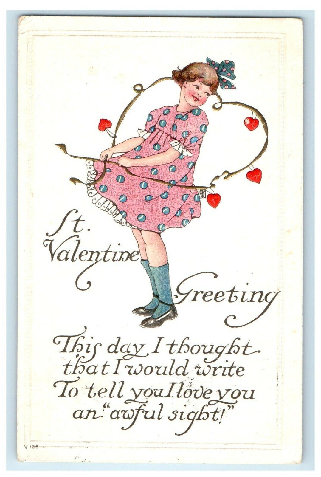 c1910 Valentine Greetings Girl In Pink Dress With Heart Embossed Postcard