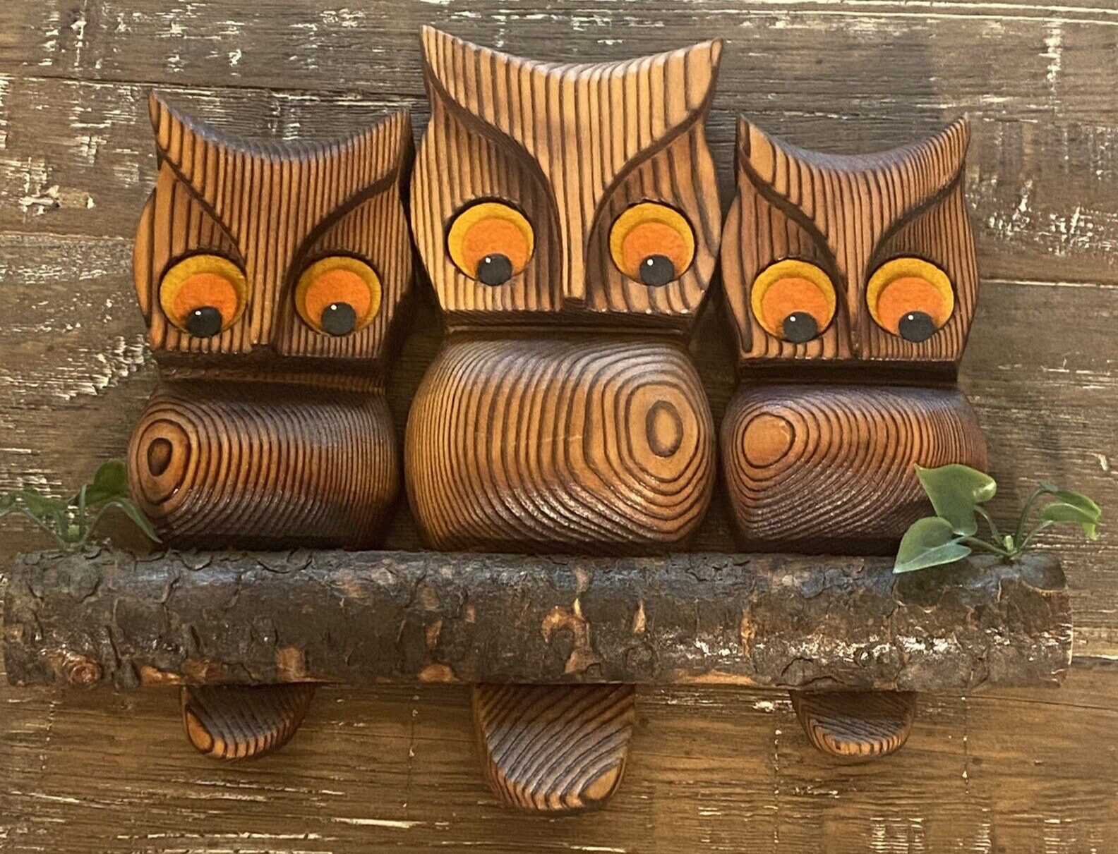 Witco Cryptomeria Carved Owls Felt Bead Eyes Burnt Wood Retro Wall Art 70s Vtg