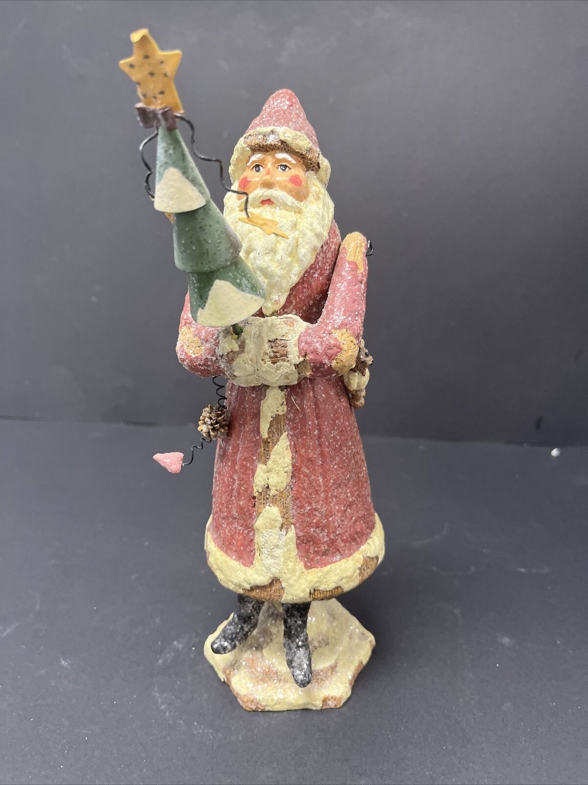 Folk Art Rustic Santa Claus Figurine Bobble Spring Christmas Holiday Glitter 9”