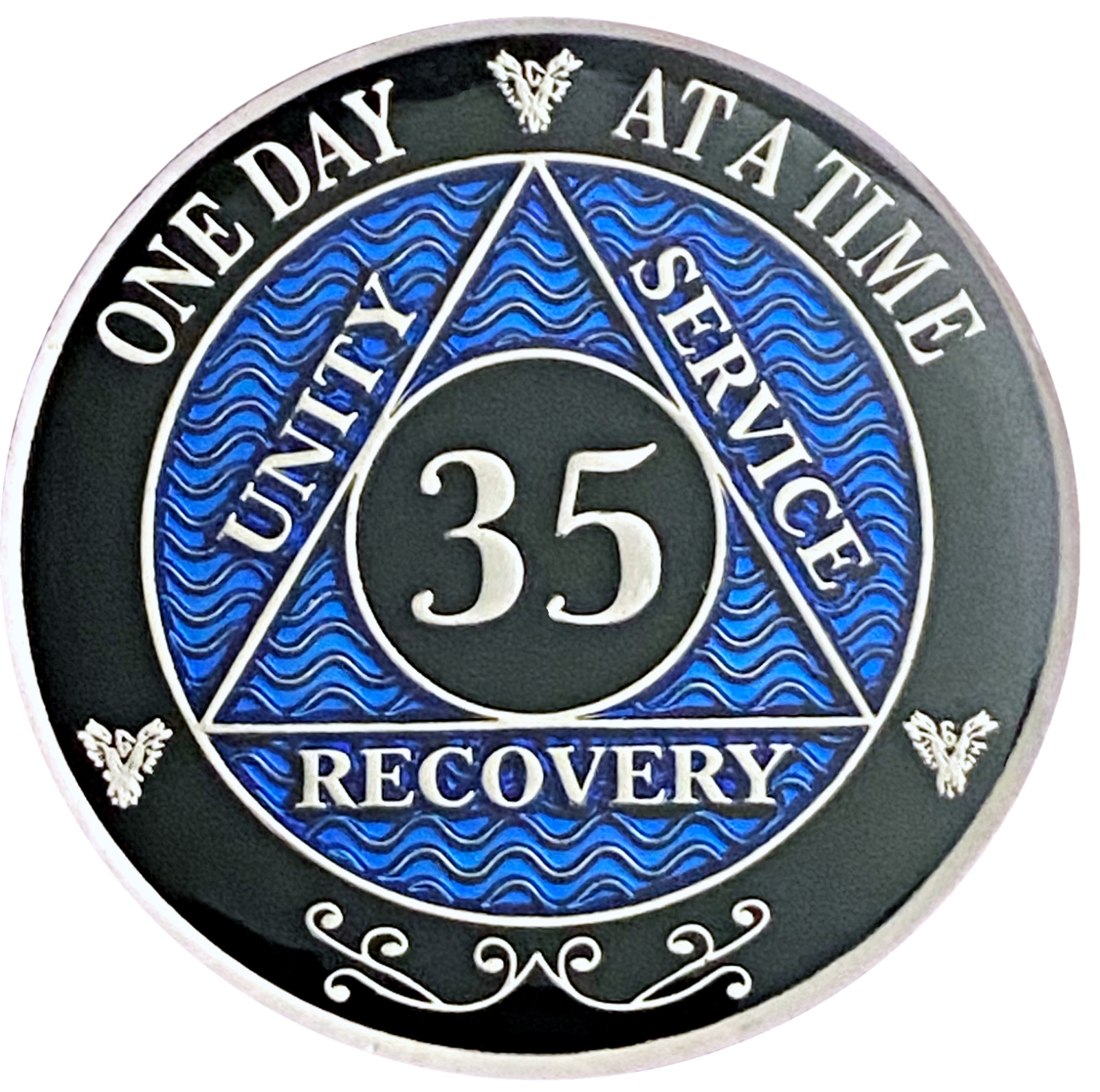 AA 35 Year Coin Blue, Silver Color Plated Medallion, Alcoholics Anonymous Coin
