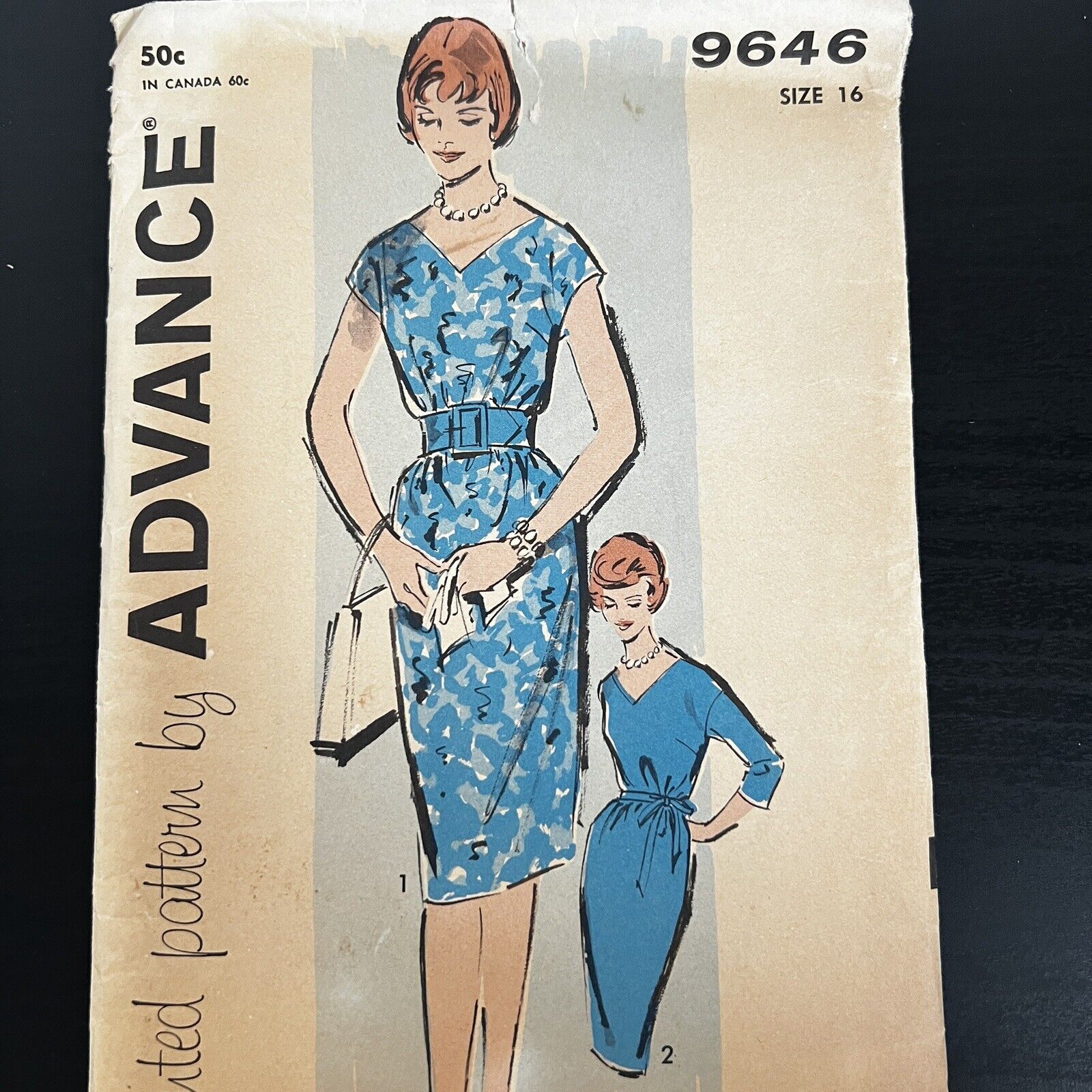 Vintage 1950s 1960s Advance 9646 MCM Slim V-Neck Dress Sewing Pattern 16 UNCUT