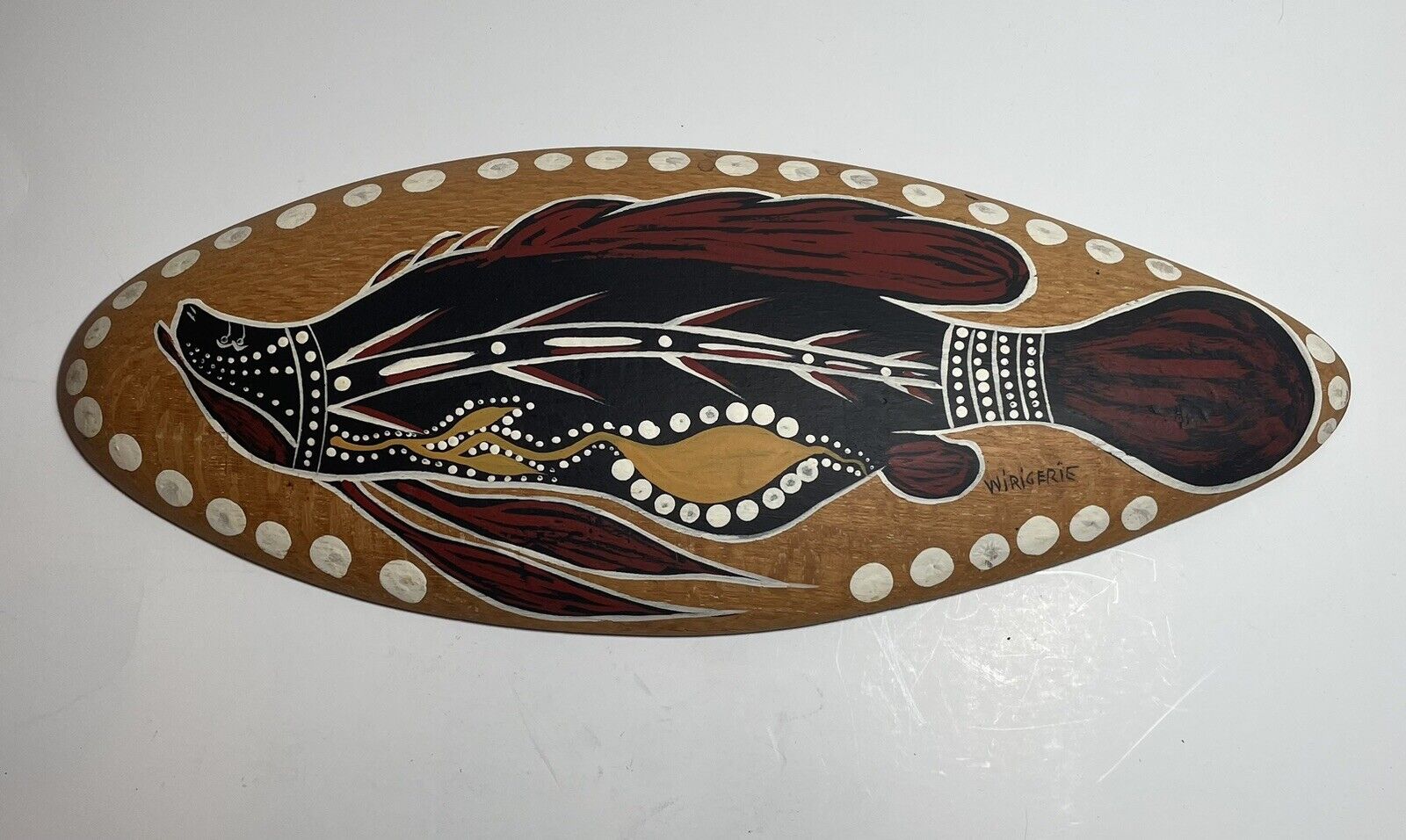 Wirigerie Australian Aboriginal Fish Painting On Carved Shield Signed