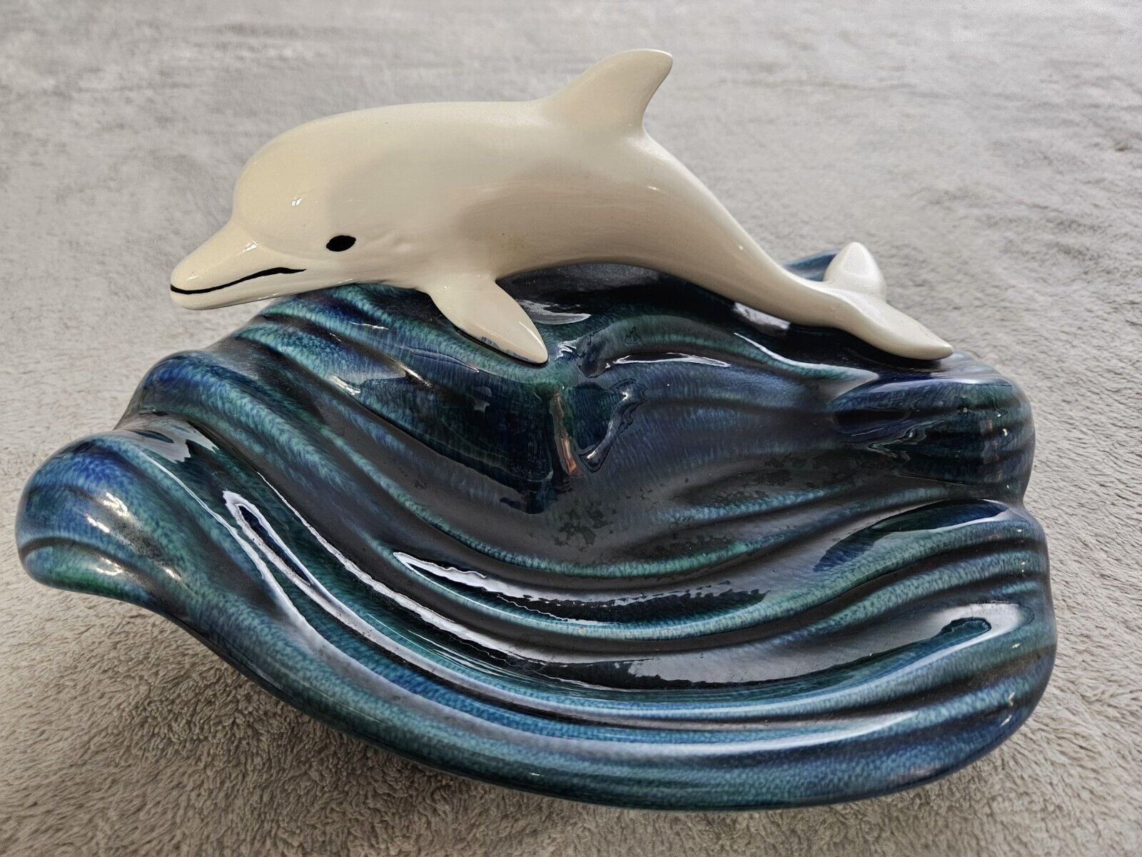 Vintage Holland Mold Ceramic White Blue Dolphin Wave  Trinket Soap Jewelry Dish