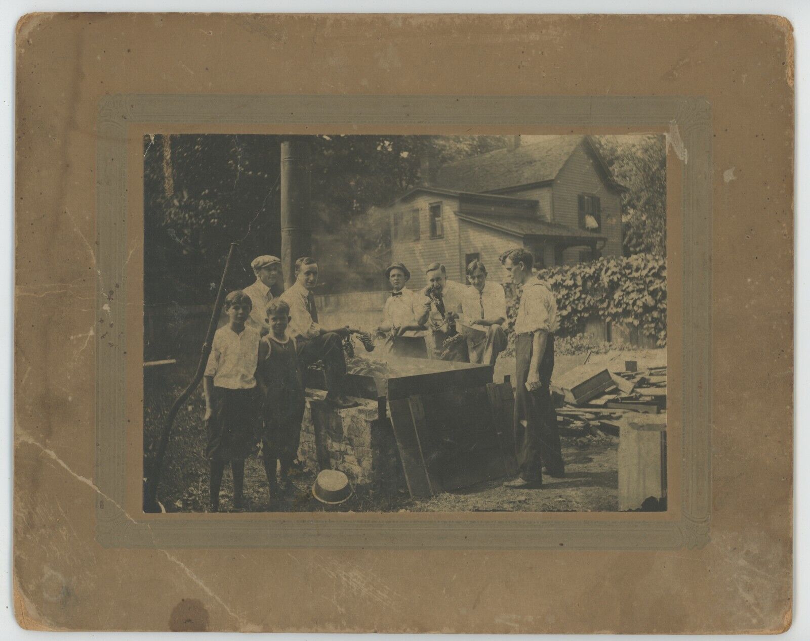 Antique c1900s Incredible Photo of Men & Boys Having Lobster Bake Outside Home