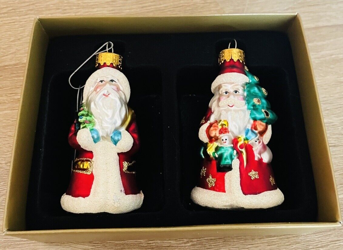 Michaels Christmas Glass Santa Clause Ornaments Set Of Two Original Box 3