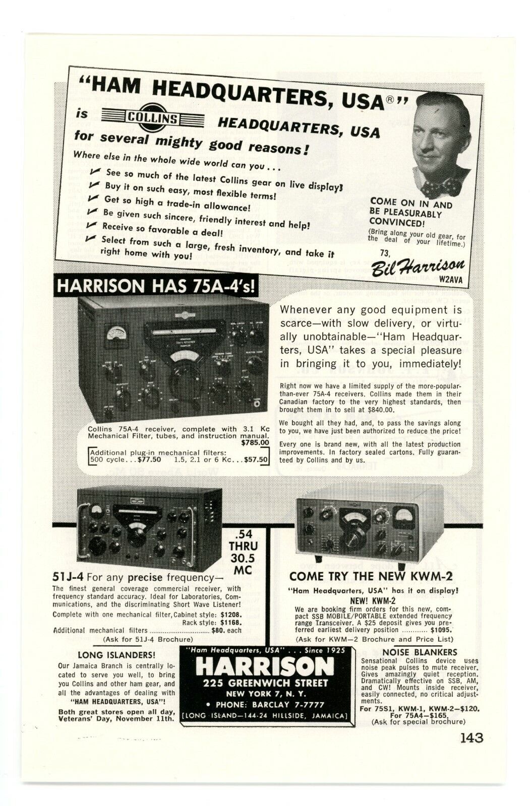 QST Ham Radio Magazine Print Ad COLLINS 75A-4 Receiver from HARRISON (11/59)