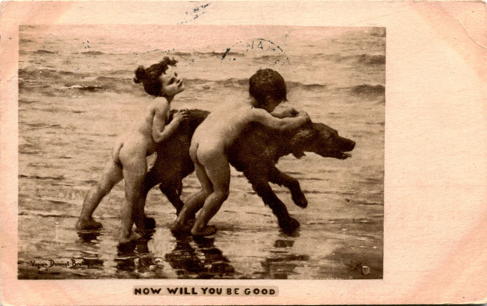 Now Will You Be Good Dog Children Beach 1909 Cadillac Michigan Antique Postcard